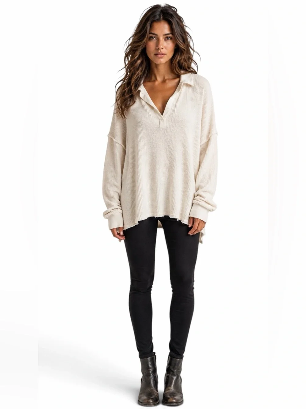 Free People | We The Free – Travis Polo Oversized Waffle Knit – Ivory – Sz. M